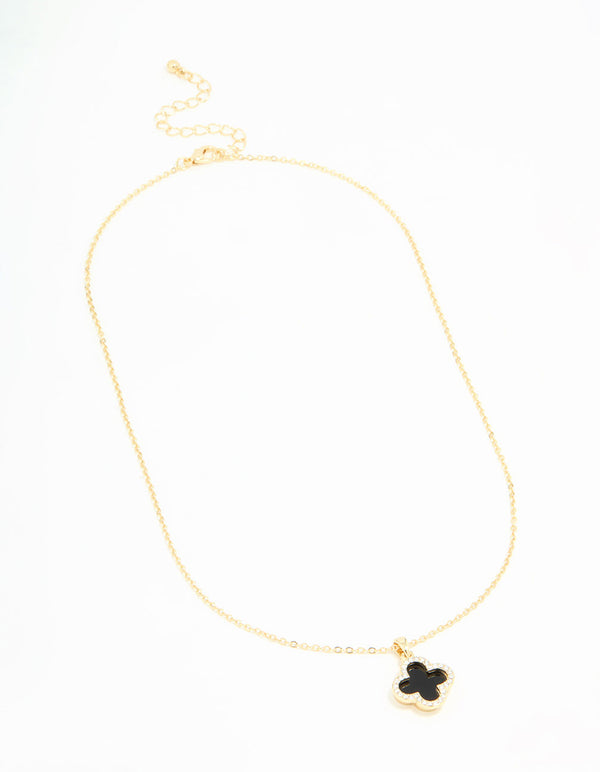 Gold Plated Diamante Outline Black Flower Pendant Necklace