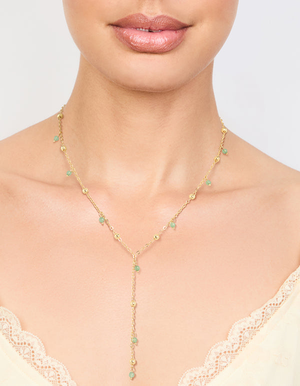 Gold Plated Green Semi Precious Ball Y-Necklace
