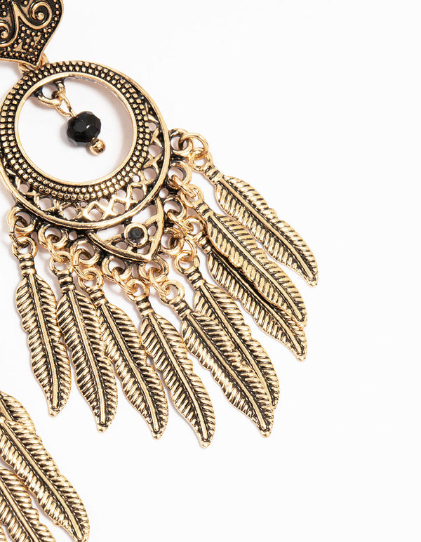 Antique Gold Black Patterned Dreamcatcher Tassel Drop Earrings