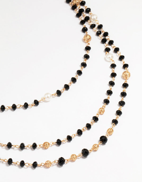 Gold Pearl Black Beaded Layered Necklace