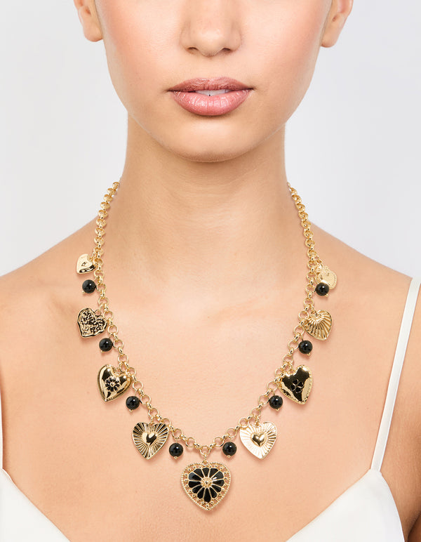 Gold Black Beaded Heart Charm Necklace