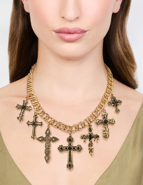 Antique Gold Black Metallic Cross Charm Necklace