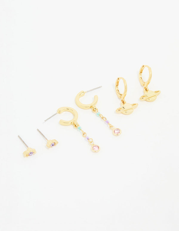 Gold Plated Cubic Zirconia Outer Space Earrings 3-Pack
