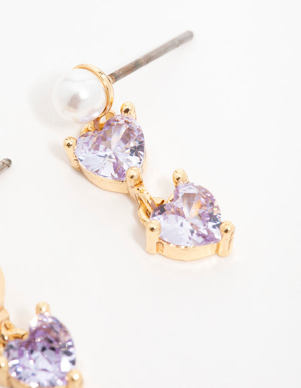 Gold Purple Cubic Zirconia Pearl Dainty Heart Drop Earrings