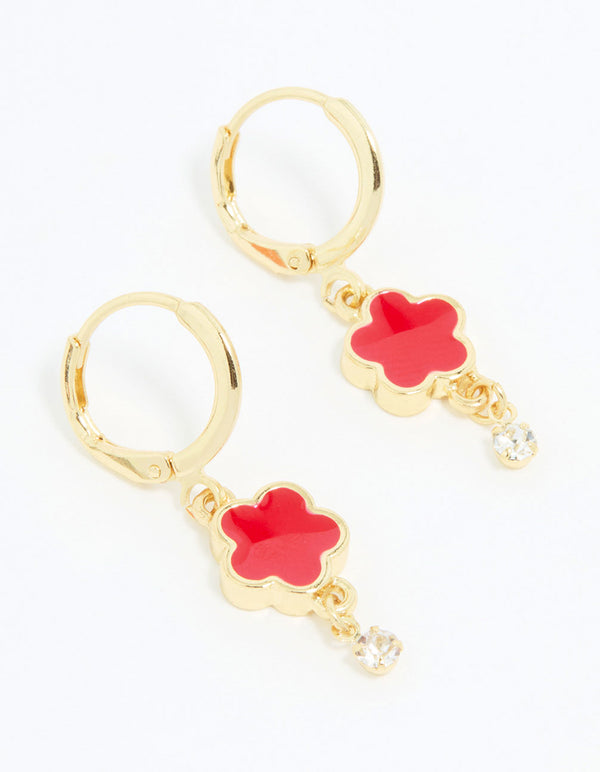 Gold Red Cubic Zirconia Floral Droplet Earrings