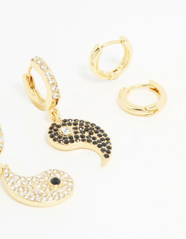 Gold Plated Cubic Zirconia Yin Yang Earrings 3-Pack
