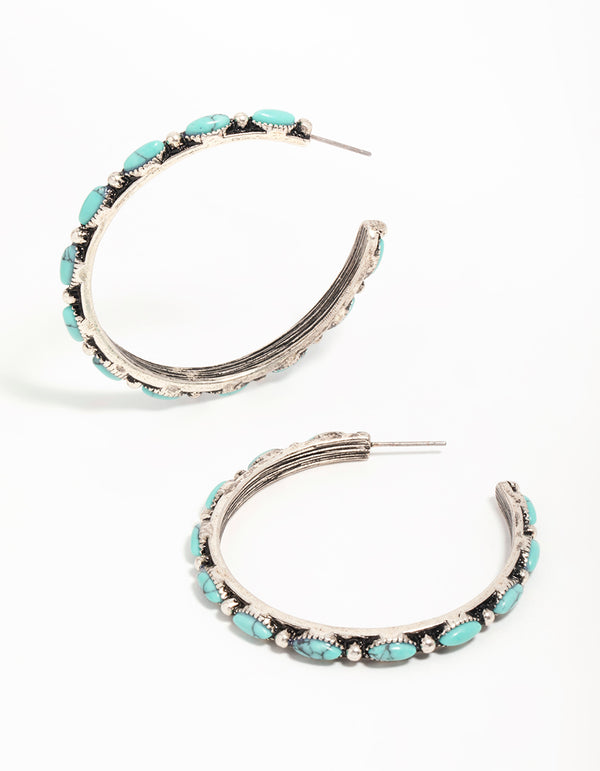 Antique Silver Turquoise Large Hoop Earrings