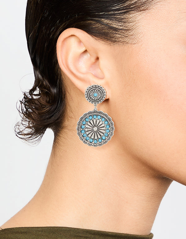 Antique Silver Turquoise Circle Drop Earrings