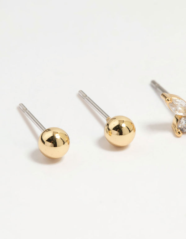 Gold Plated Brass Cubic Zirconia Butterfly & Flower Earrings 4-Pack