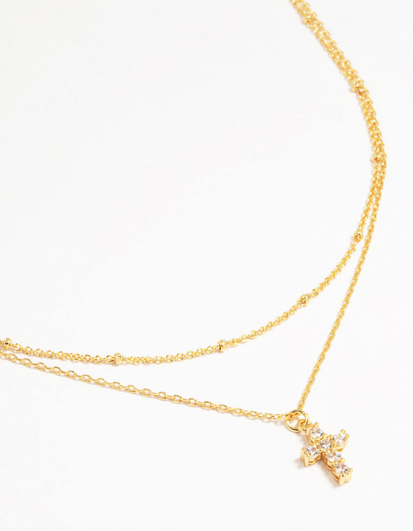 Gold Plated Brass Cubic Zirconia Mini Cross Layered Necklace