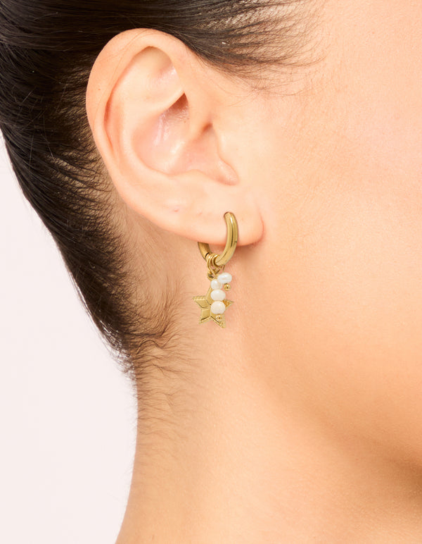 Waterproof Gold Plated Stainless Steel Pearl Star Huggie Earrings