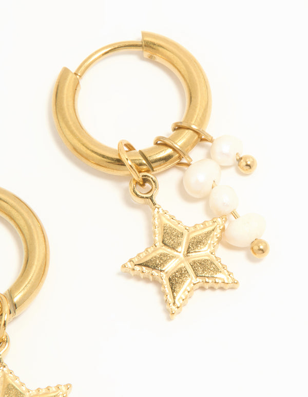 Waterproof Gold Plated Stainless Steel Pearl Star Huggie Earrings