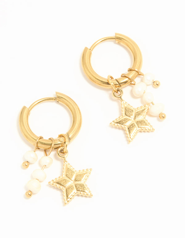 Waterproof Gold Plated Stainless Steel Pearl Star Huggie Earrings