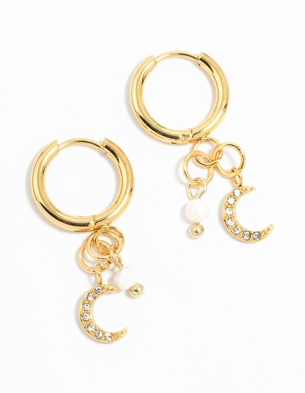 Waterproof Gold Plated Stainless Steel Freshwater Pearl & Moon Huggie Earrings