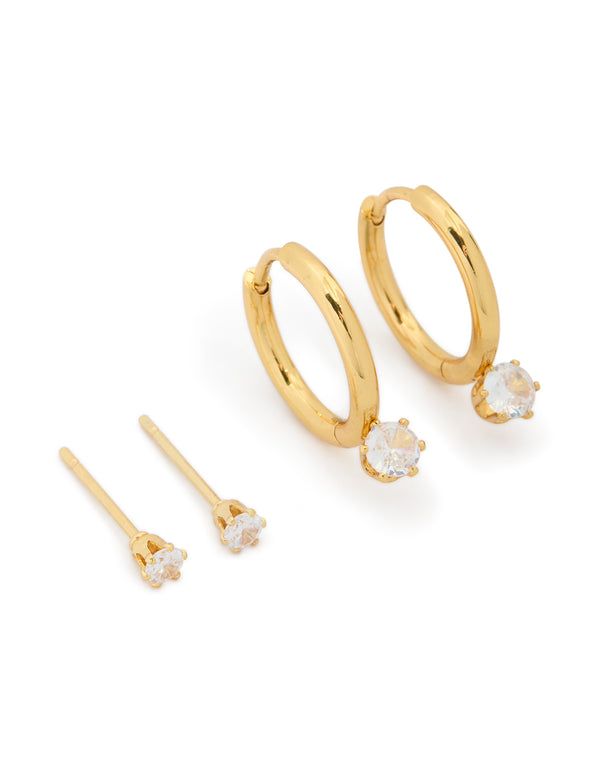 Waterproof Gold Plated Stainless Steel Mini Cubic Zirconia Earrings 2-Pack