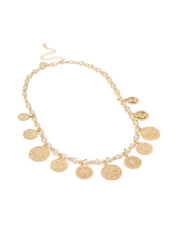 Antique Gold Pearl Coin Charm Necklace
