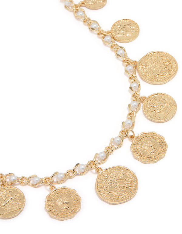 Antique Gold Pearl Coin Charm Necklace