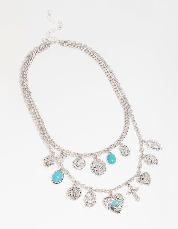 Silver Turquoise & Heart Layered Charm Necklace