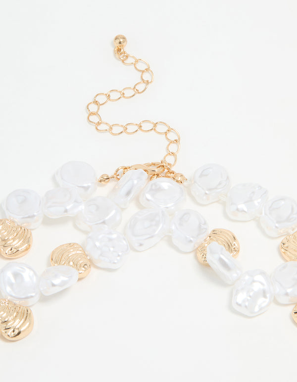 Gold Beaded Pearl Molten Layered Necklace