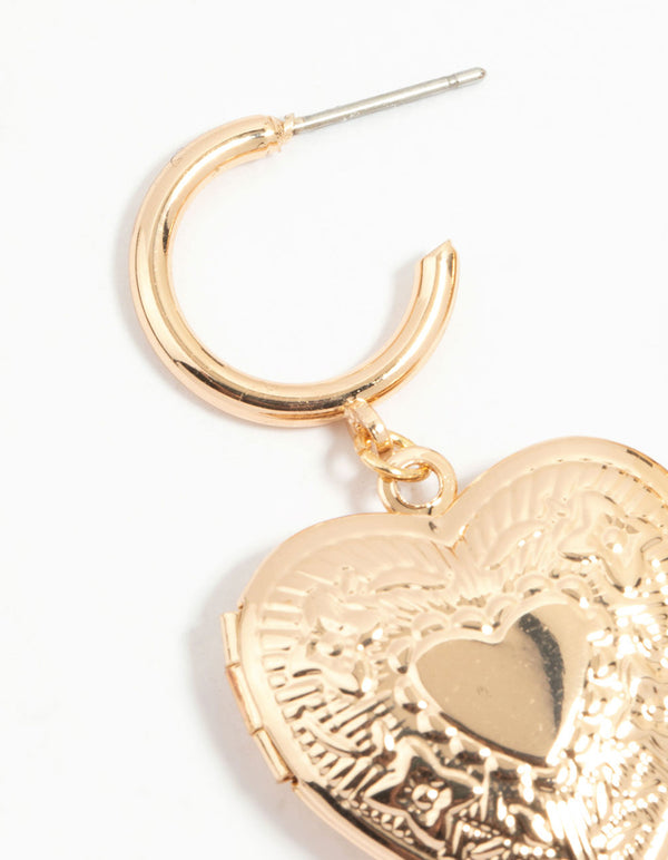 Gold Heart Locket Drop Earrings