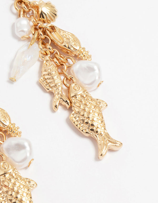 Gold Shell Fish Charm Drop Earrings