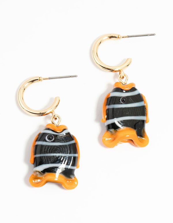 Gold Fish Charm Drop Earrings
