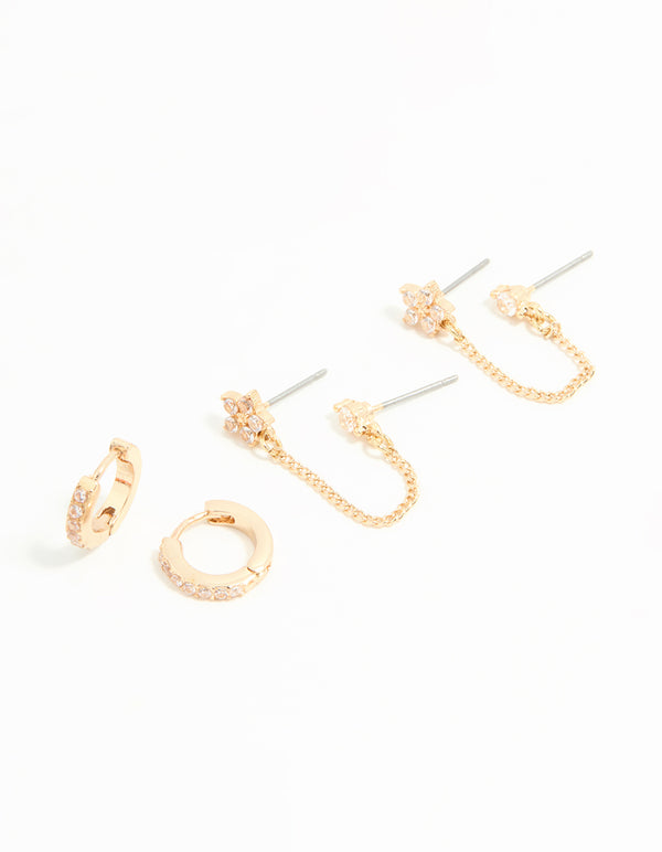 Gold Cubic Zirconia Chain & Flower Huggie Earrings 2-Pack