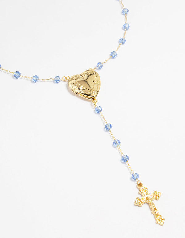 Gold Plated Blue Beaded Heart Locket & Cross Y-Necklace