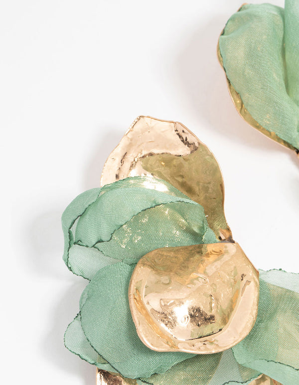 Gold Green Fabric Flower Drop Earrings