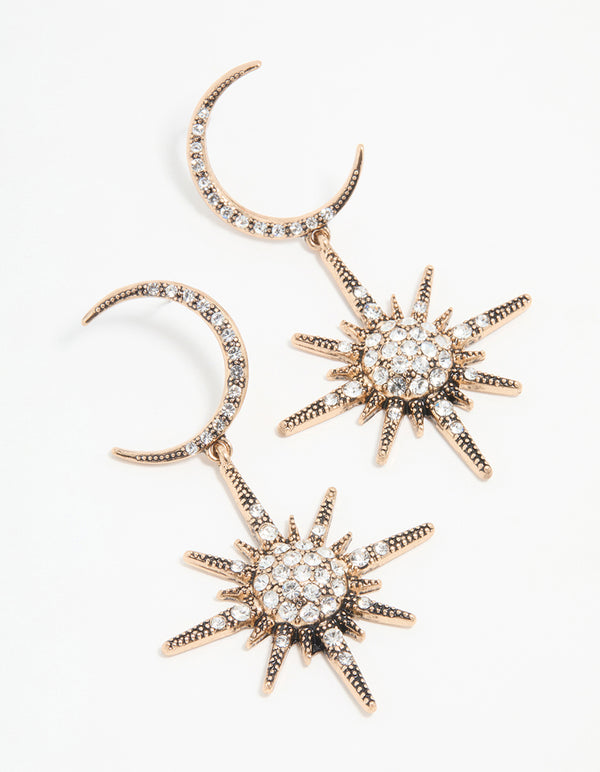 Antique Gold Diamante Celestial Large Drop Earrings