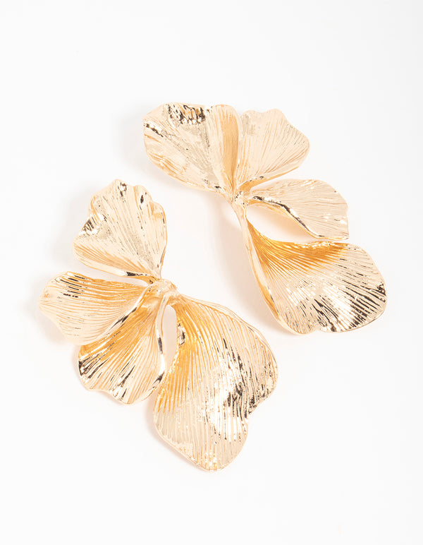 Gold Etched Large Leaf Drop Earrings