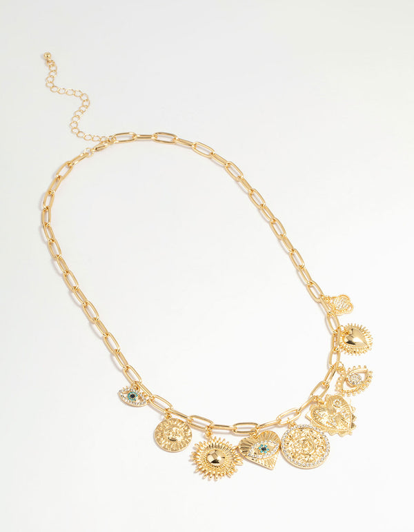 Gold Plated Evil Eye & Sun Charm Pendant Necklace