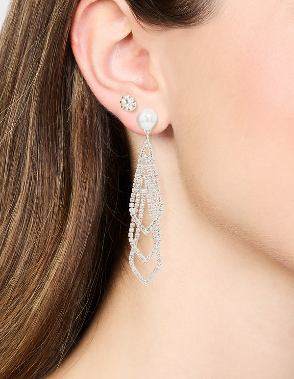Silver Pearl Triangular Layered Earrings 2-Pack