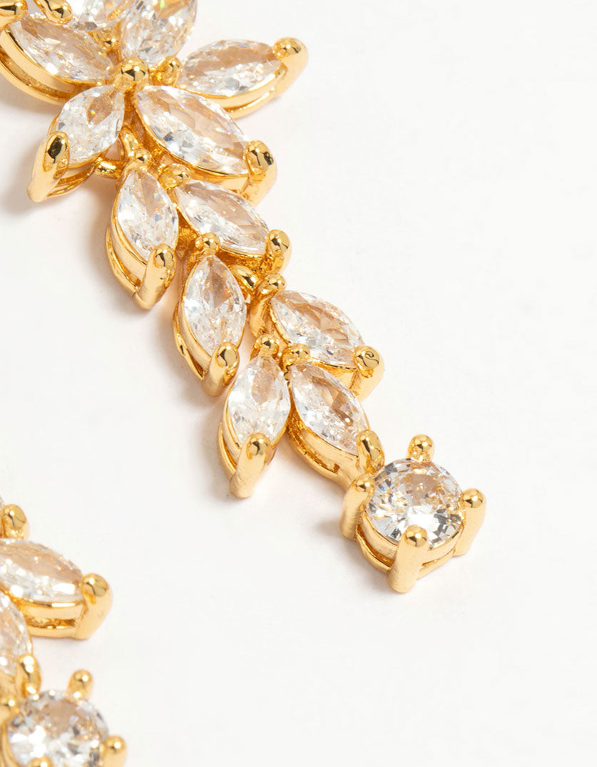 Gold Plated Cubic Zirconia Medium Flower Vine Drop Earrings