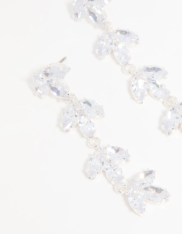 Silver Cubic Zirconia Flower Layered Drop Earrings