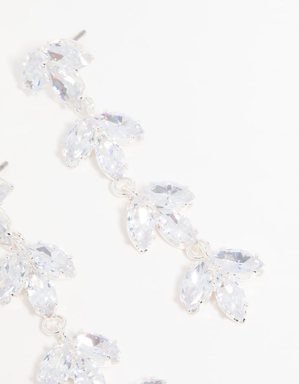Silver Cubic Zirconia Flower Layered Drop Earrings