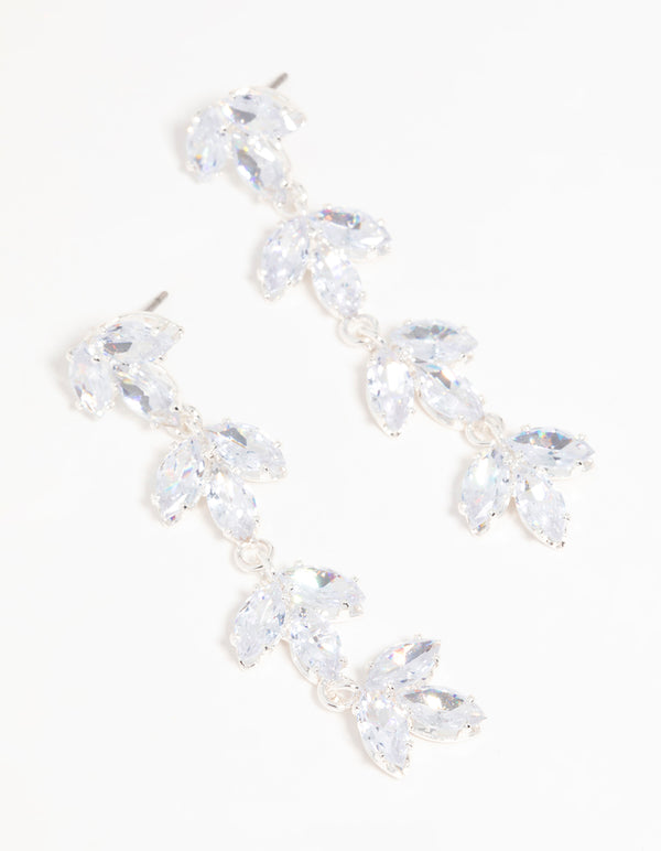 Silver Cubic Zirconia Flower Layered Drop Earrings