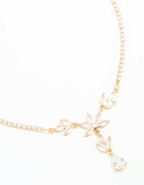 Gold Cubic Zirconia Cascading Flower Necklace