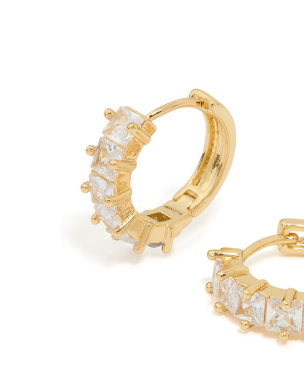 Gold Plated Brass Cubic Zirconia Baguette Medium Huggie Earrings