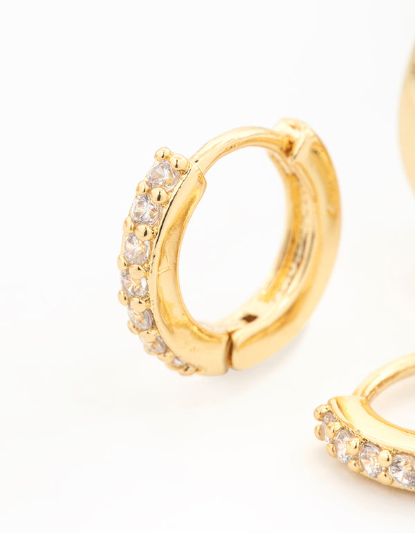 Gold Plated Brass Mini Cubic Zirconia & Plain Huggie Earrings 2-Pack