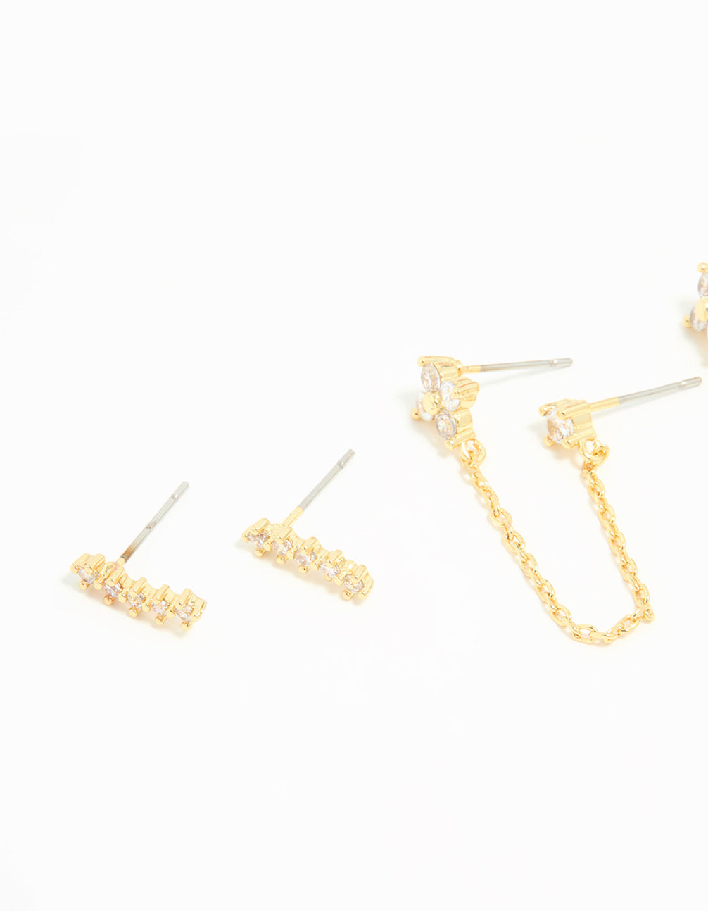 Gold Plated Brass Cubic Zirconia Chain & Stud Earrings 3-Pack