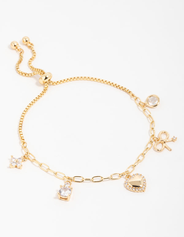 Gold Plated Brass Cubic Zirconia Heart & Bow Charm Toggle Bracelet