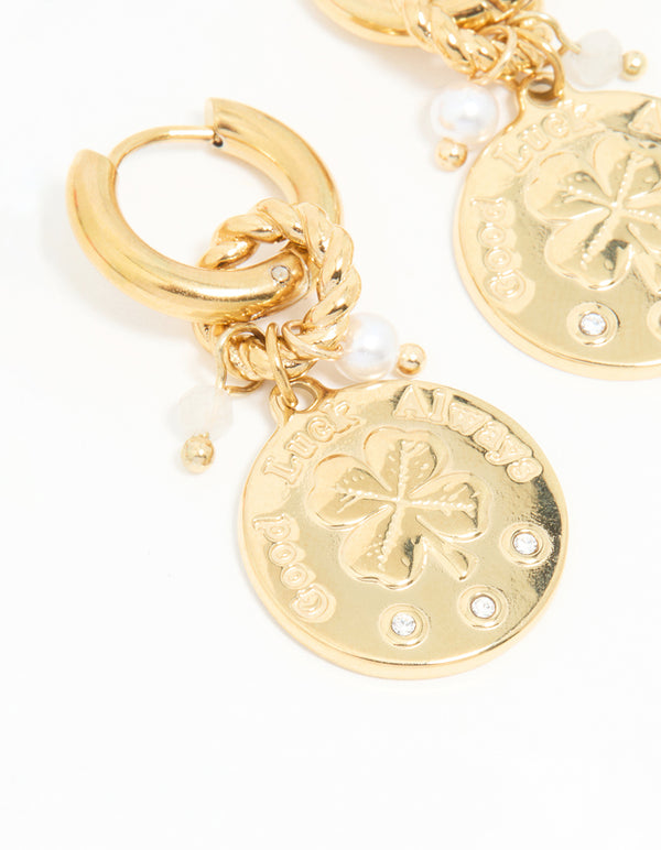 Waterproof Gold Plated Stainless Steel Clover Coin Drop Hoop Earrings