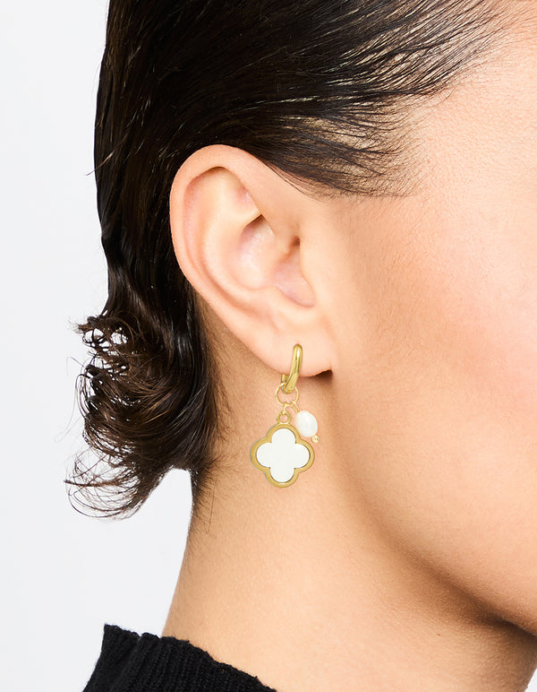 Waterproof Gold Plated Stainless Steel Pearl & Flower Hoop Earrings