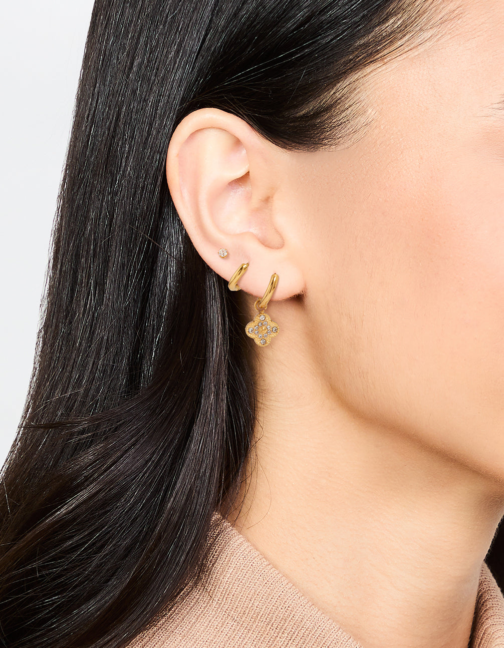 Waterproof Gold Plated Stainless Steel Cubic Zirconia Flower Hoop Earrings 3-Pack