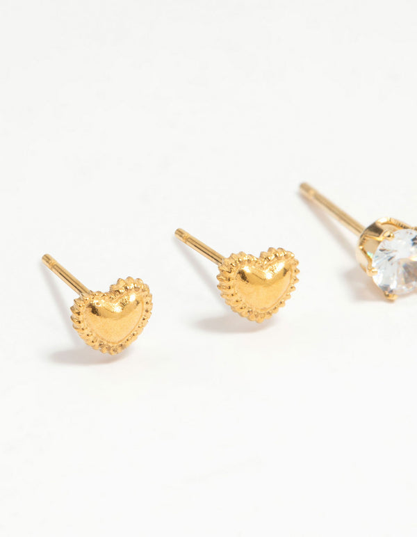 Waterproof Gold Plated Stainless Steel Diamante Star & Heart Stud Earrings 3-Pack