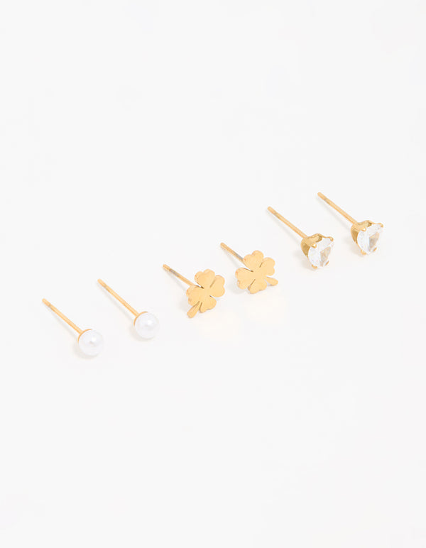 Waterproof Gold Plated Stainless Steel Clean Clover Stud Earrings 3-Pack