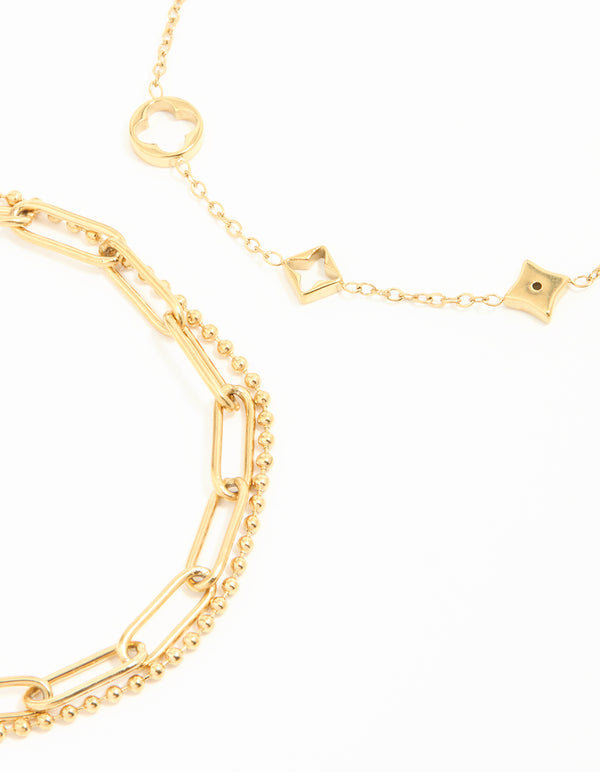 Waterproof Gold Plated Stainless Steel Hollow Flower Chain Bracelets 2-Pack