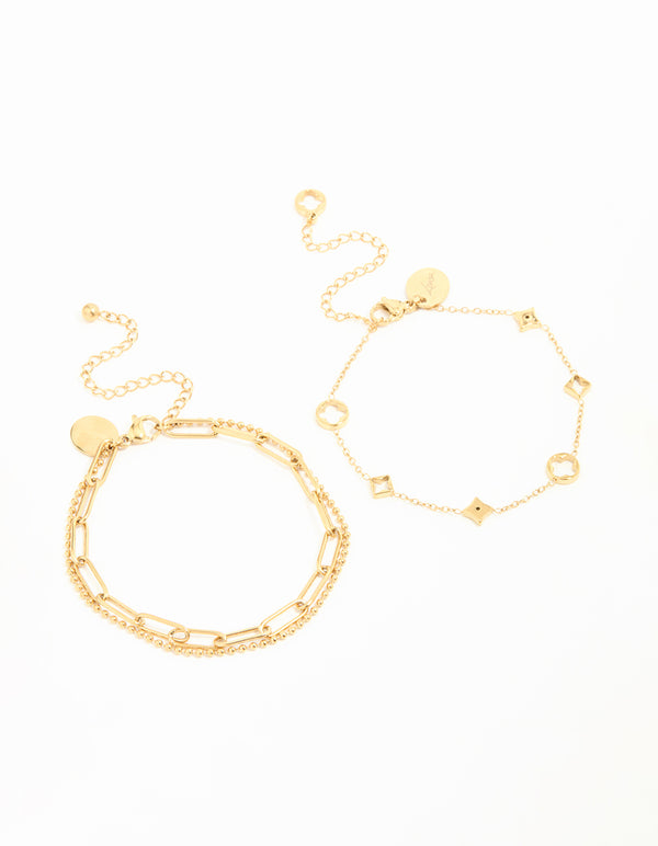 Waterproof Gold Plated Stainless Steel Hollow Flower Chain Bracelets 2-Pack