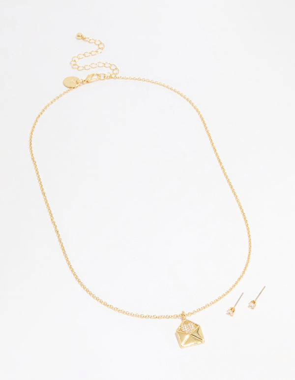 Gold Plated Cubic Zirconia Envelope Necklace & Stud Earrings Set